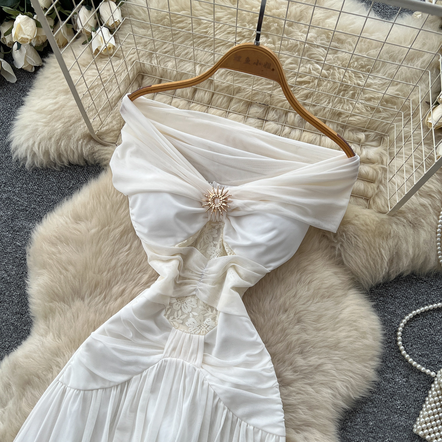 French Vacation Style Off Shoulder White A Line Dress for Women Sleeveless Waist Defining Elegant Long Summer Dress