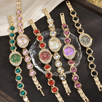 New High-Looking Colorful Diamond-Encrusted Bracelet Fashion Watch for Women with Small Dial and Small Fragrance Style Full Diamond Oval Watch