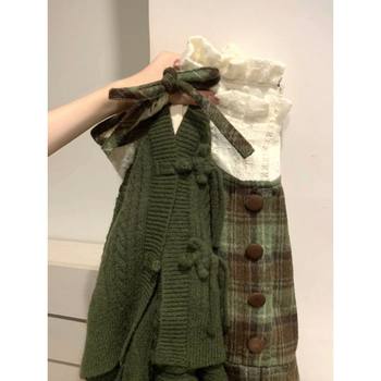 Retro Forest Style Woolen Splicing Plaid Dress 2025 Student New Waist Skirt Sweater Jacket Two-Piece Suit