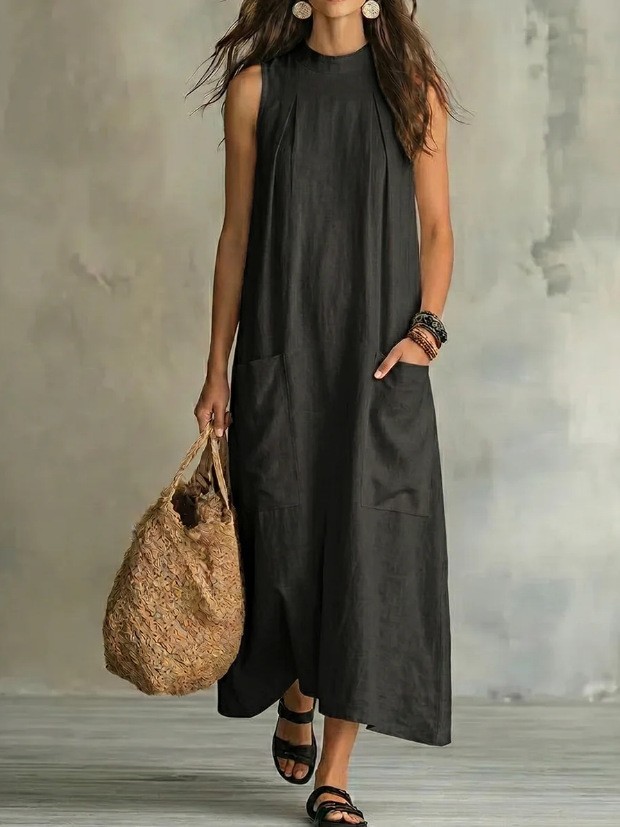 Elegant Sleeveless Round Neck Dress Solid Color Pocket Design Lightweight Fabric Spring Summer Fashion Wholesale