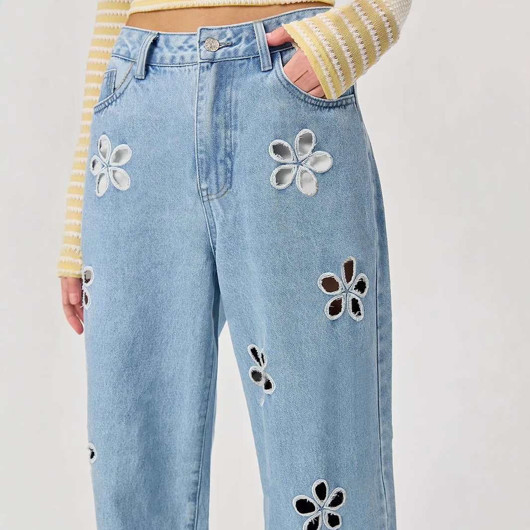 Loose Fit Wide Leg Jeans Floral Hollow Design Casual Style Womens Fashion for Spring Summer Wholesale Available
