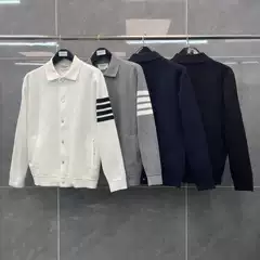Trendy TB Autumn and Winter New Classic Striped Four Bar Snap Cardigan Lapel Jacket Coat Men and Women Couples Same Style