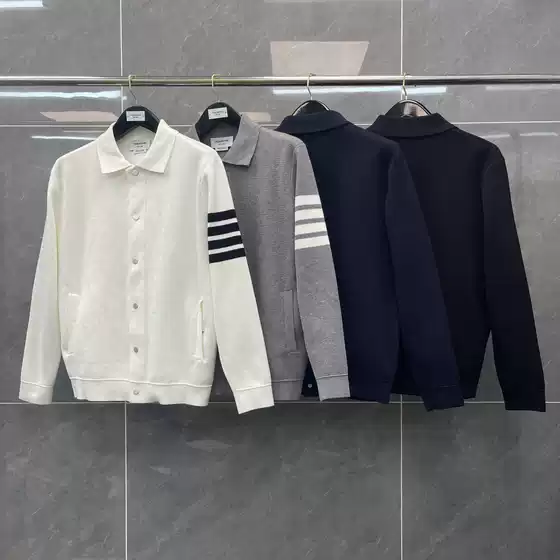 Trendy TB Autumn and Winter New Classic Striped Four Bar Snap Cardigan Lapel Jacket Coat Men and Women Couples Same Style