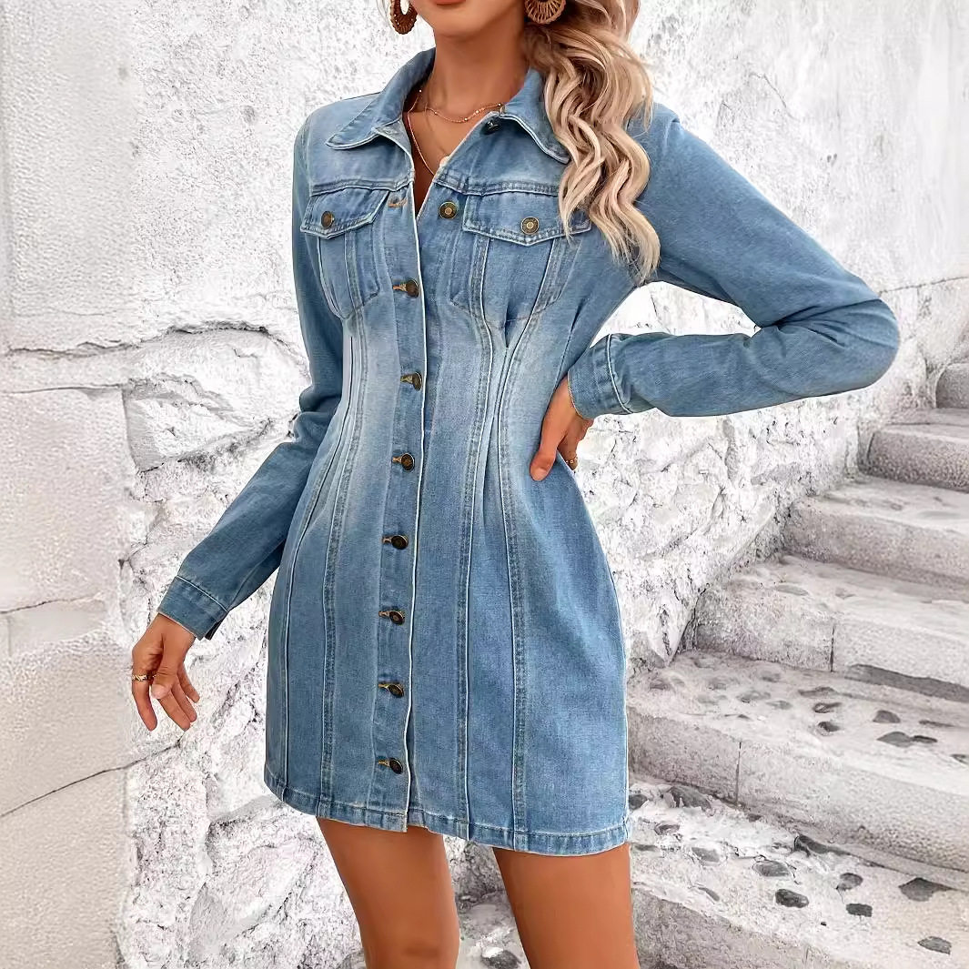 Vintage Slim Fit Long Sleeve Denim Dress Waist Defining Elegant Style Perfect for Casual Outings Ready to Ship