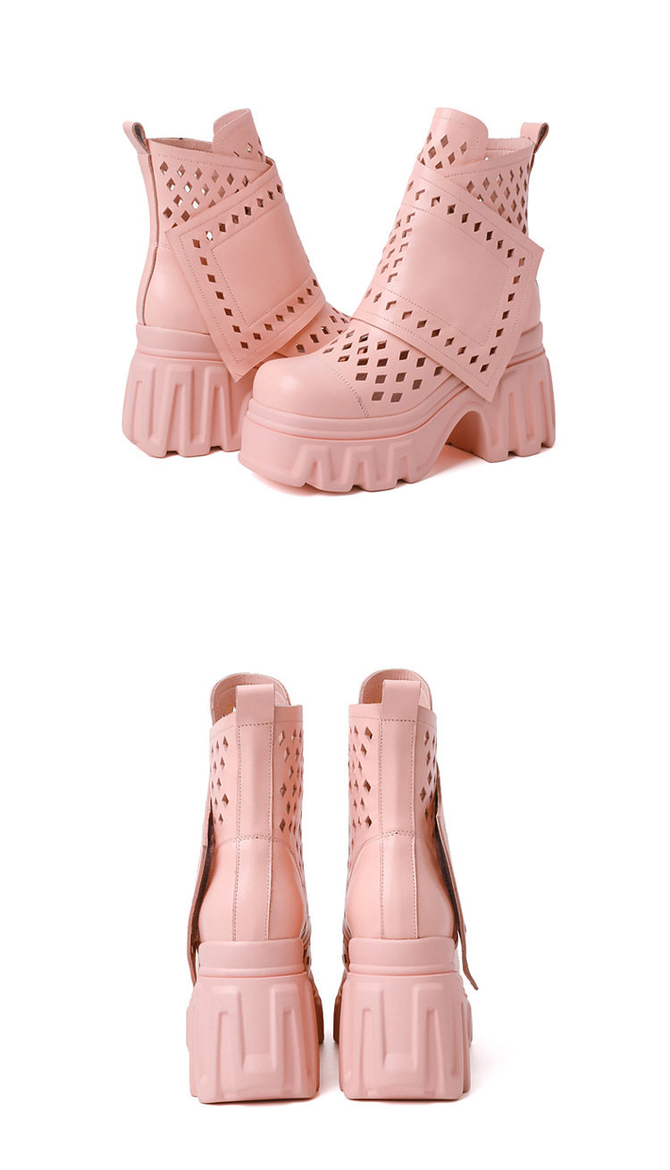 Sandal cao gót nữ hở mũi da bò lỗ khí mùa hè, gót siêu cao 8 cm, phong cách Martens — [Trắng], [Hồng], [Kaki đậm], [Đen] chi tiết 16