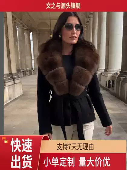 Elegant Cross-Border Style Short Wool Coat with Fur Collar, Double-Sided Wool, Waist-Cinching Tie, Slim-Fit Woolen Jacket for Women, Autumn and Winter Commuting