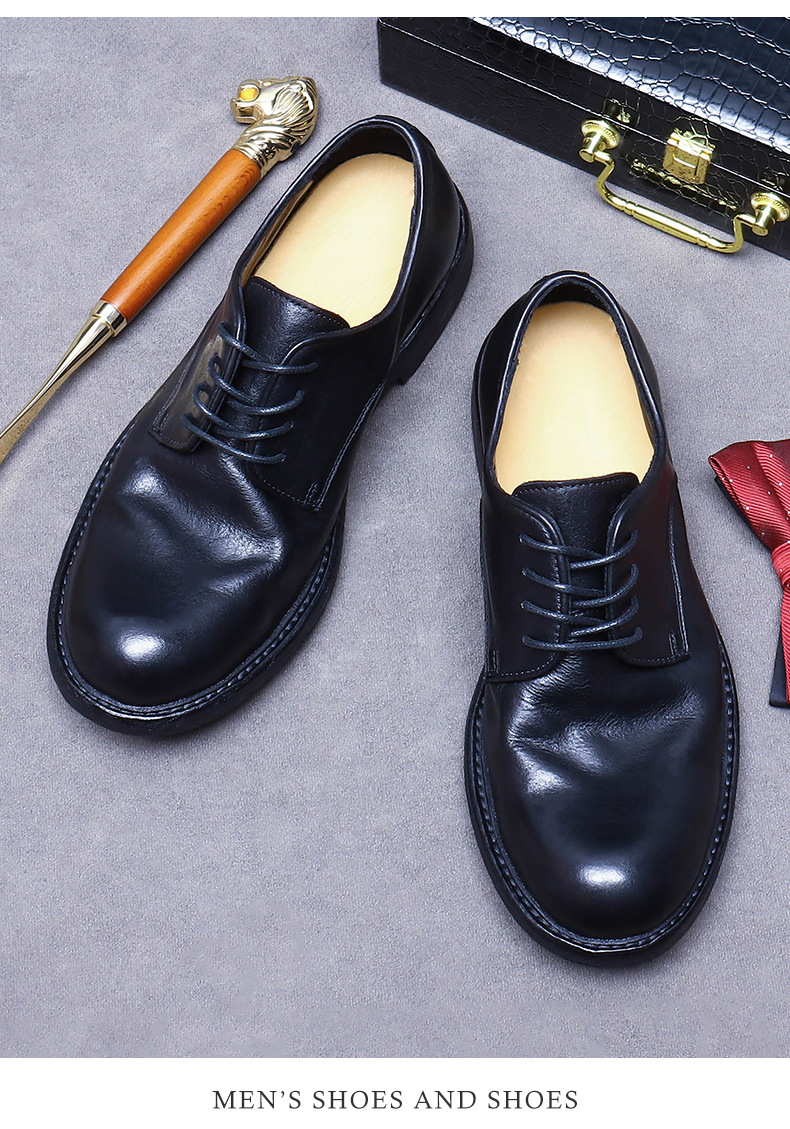 Giày Derby nam da bò thật mũi tròn đế da khâu tay Goodyear — Màu đen