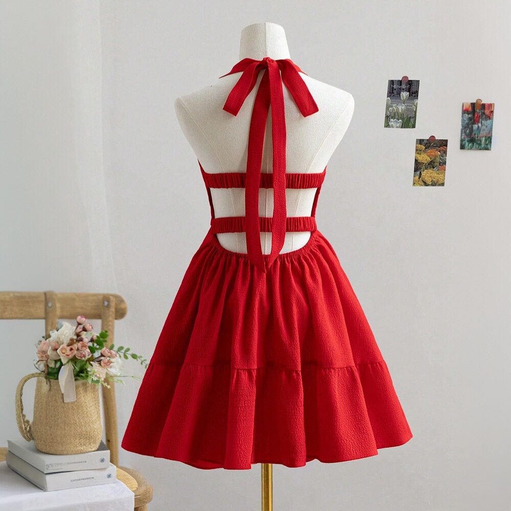 Red Backless Mini Dress Sexy Halter Neck Summer Fashion Lightweight Fabric Perfect for Parties and Night Out