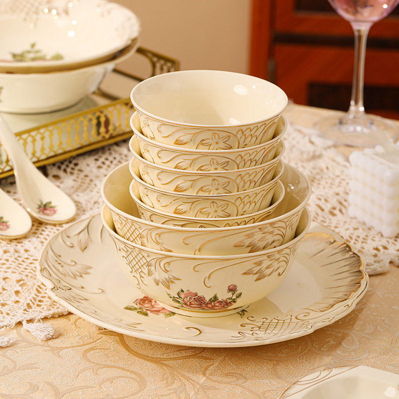 European Ceramic Tableware, High-End Gold-Painted Plates, Household Eating Bowls, Soup Bowls, Plates, Fruit Plates, Snack Plates