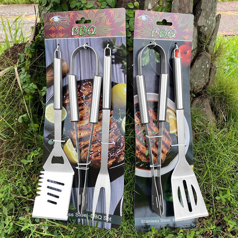 Amazon Large Tube Handle Stainless Steel Grill Shovel Fork Clip Combination Bbq Camping Outdoor Family Dinner Barbecue Set