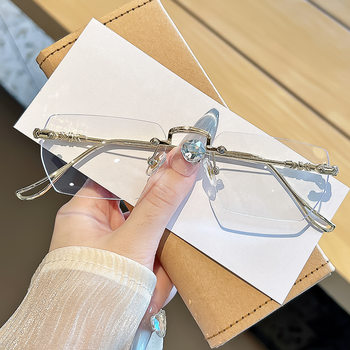 Silver Rimless Square Anti-Blue Light Flat Mirror Sexy Y2K Elegant Glasses Frame Can Be Matched with Myopia Men's and Women's Glasses Frames