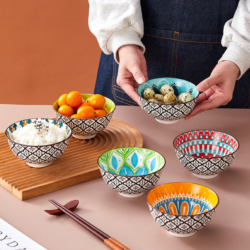 Cross-Border Bohemian Ceramic Bowl Japanese Tableware Rice Bowl Salad Bowl Set Amazon Temu Bowl and Chopsticks Gift Set