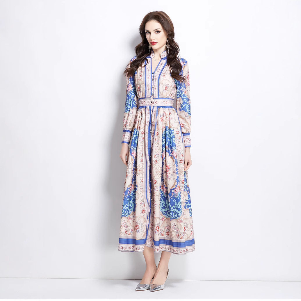 Elegant Vintage V Neck Long Sleeve Button Up Dress Waist Defining Floral Print Pleated Design Perfect for Parties and