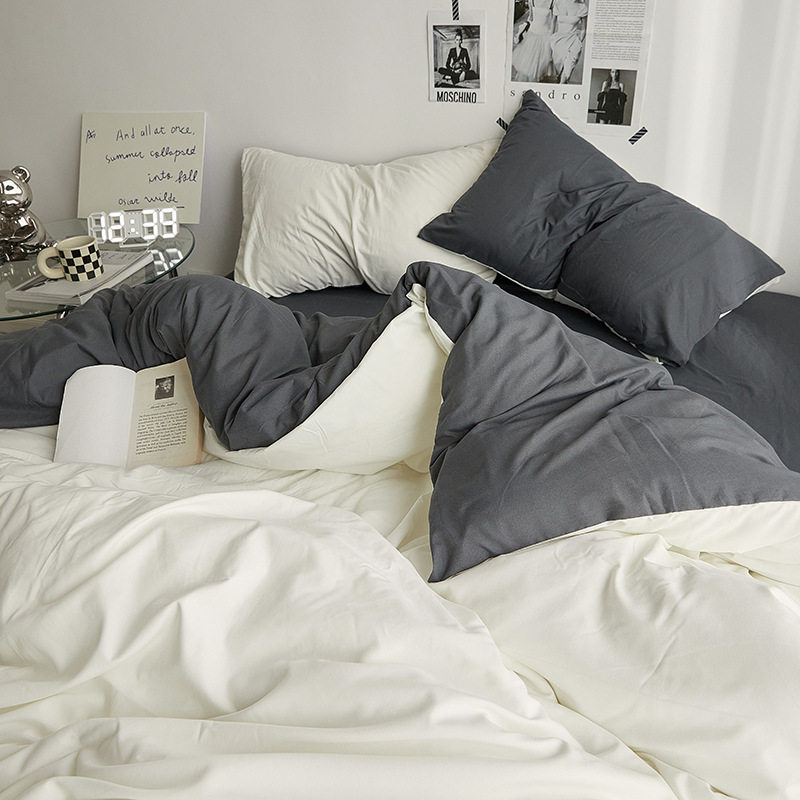 Ins Style Pure Color Four-Piece Student Dormitory Three-Piece Bedding Set Quilt Cover Fitted Sheet Washed Cotton Wholesale