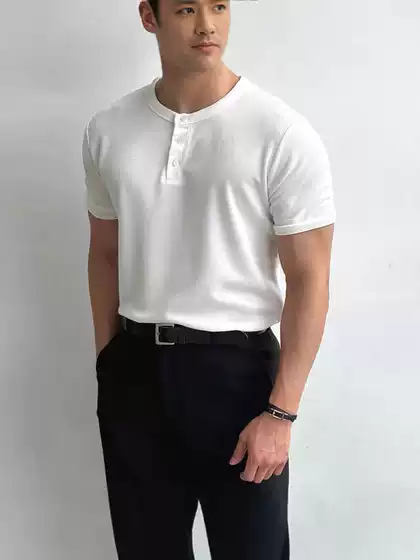American Tough Guy Style Cotton Breathable Henley Shirt Men's Half-Button Casual Short-Sleeved Workwear T-Shirt Placket Collar Polo Shirt