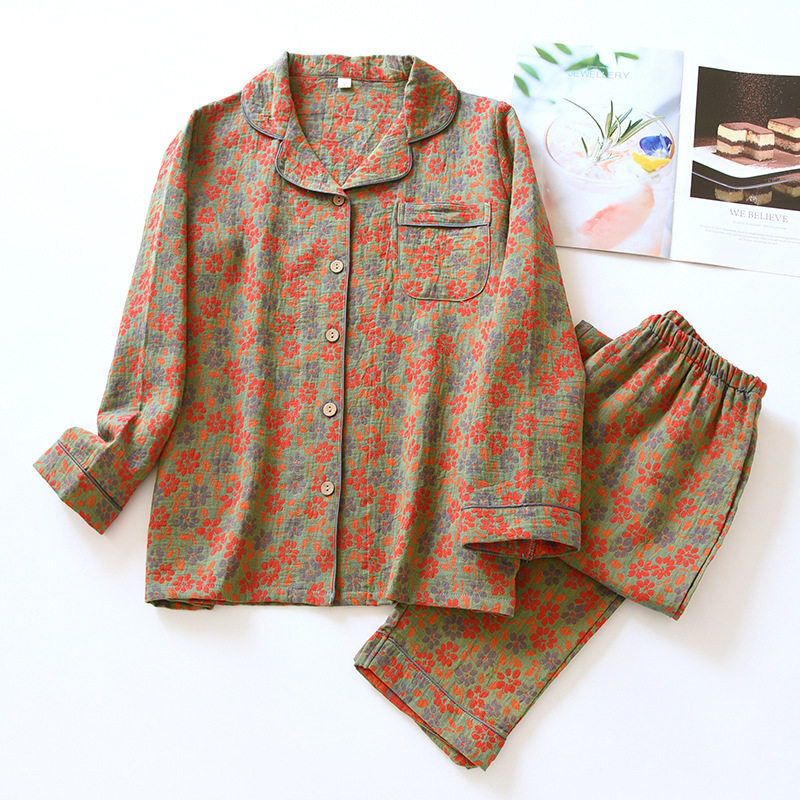 翻领双层纱布睡衣女春夏秋薄款长袖长裤套装开衫家居服二件套外穿