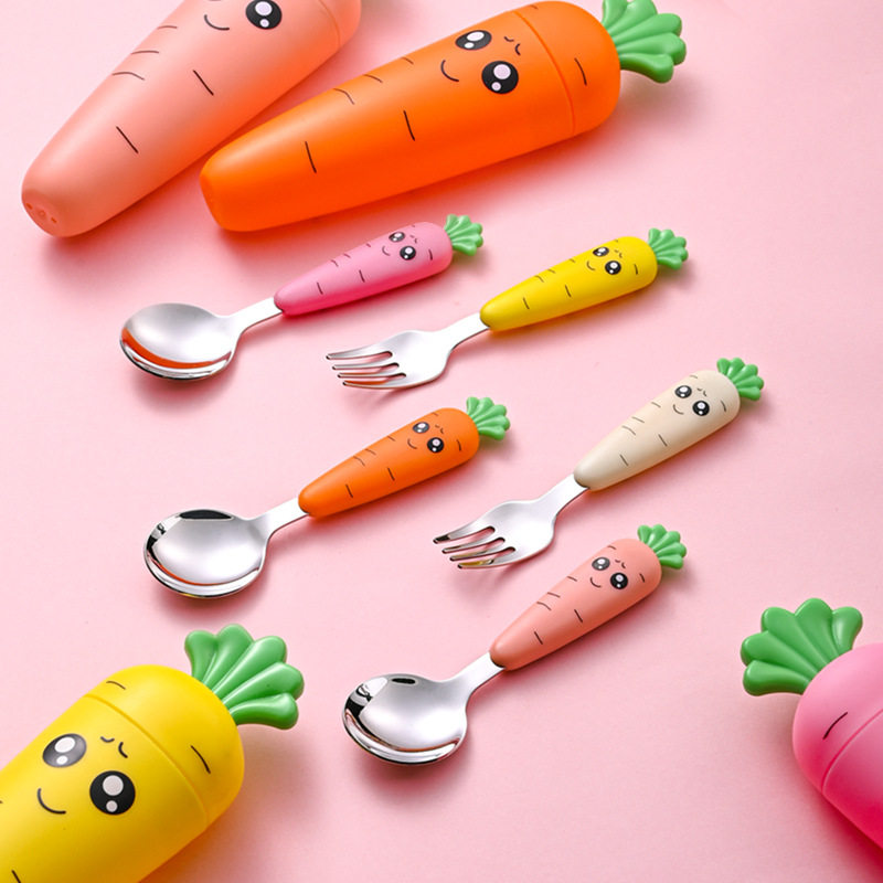 New cross-border baby practice drop-resistant spoon baby learning to eat training spoon Fork cartoon children tableware suit