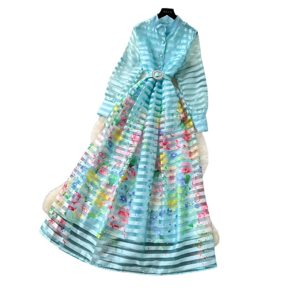 French Style Printed Long Sleeve A Line Dress for Women Waist Defining Elegant Summer Fashion Wholesale Available