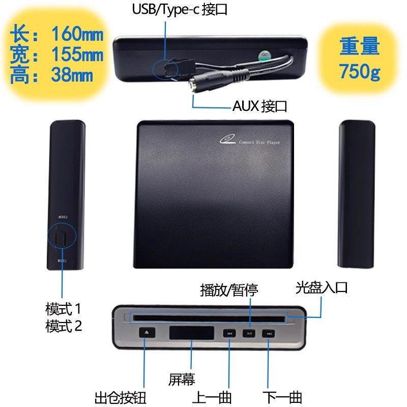 Car-Mounted Inhalation-Type Usb-Connected Cd Player with Aux/Fm Transmitter/Usb Output, Plug and Play