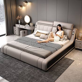 Italian-Style Light Luxury Multifunctional Genuine Leather Simple Modern 1.8m Master Bedroom High-End Large Bed Double New Wedding Bed 1.5m