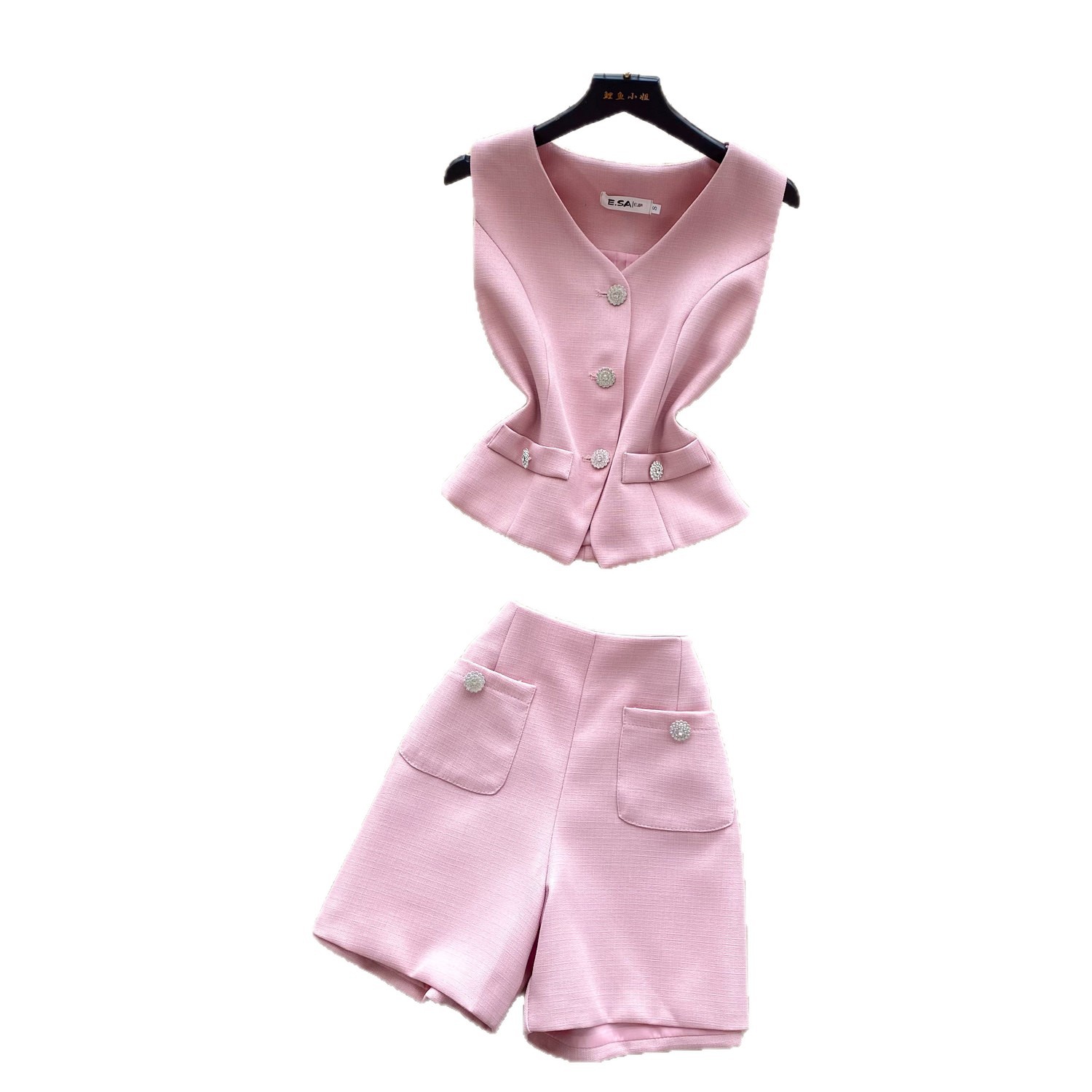 Pink Tweed Vest and High Waisted Shorts Set Rhinestone Embellished Elegant Style Summer Fashion for Women Wholesale