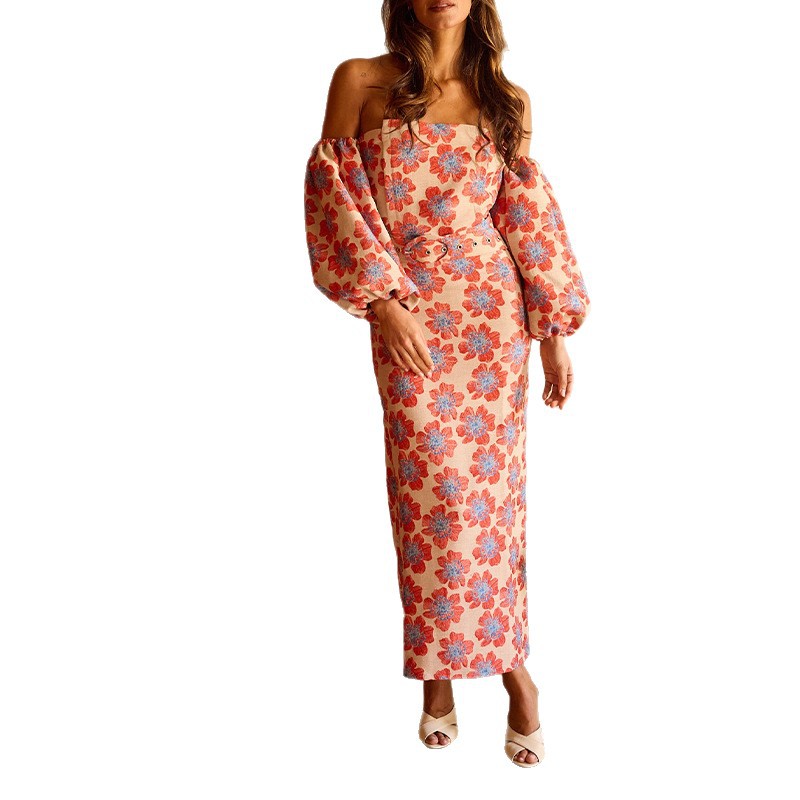 Summer Floral Maxi Dress for Women Casual Vacation Style Puff Sleeve Strapless Comfortable Fabric Wholesale