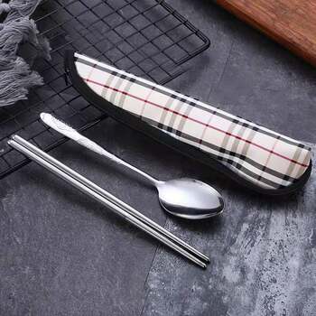 Stainless Steel Portable Tableware Set Cloth Bag Combination Student Office Worker with Rice Chopsticks Spoon Storage Bag Three-Piece Set