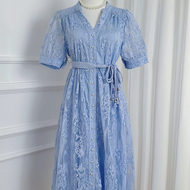 French Elegant Maxi Dress Summer Fashion Embroidered Lace Waist Tie Button Closure Perfect for Parties and Events