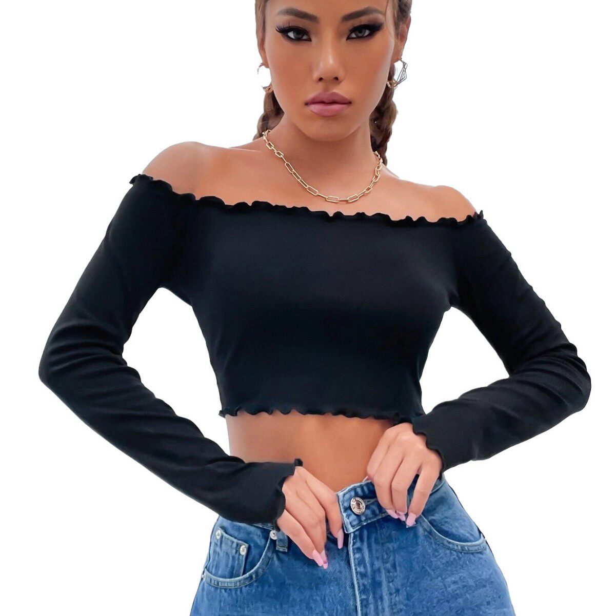 Womens Street Style Knit Crop Top Off Shoulder Long Sleeve Casual Trendy Design Perfect for Everyday Wear