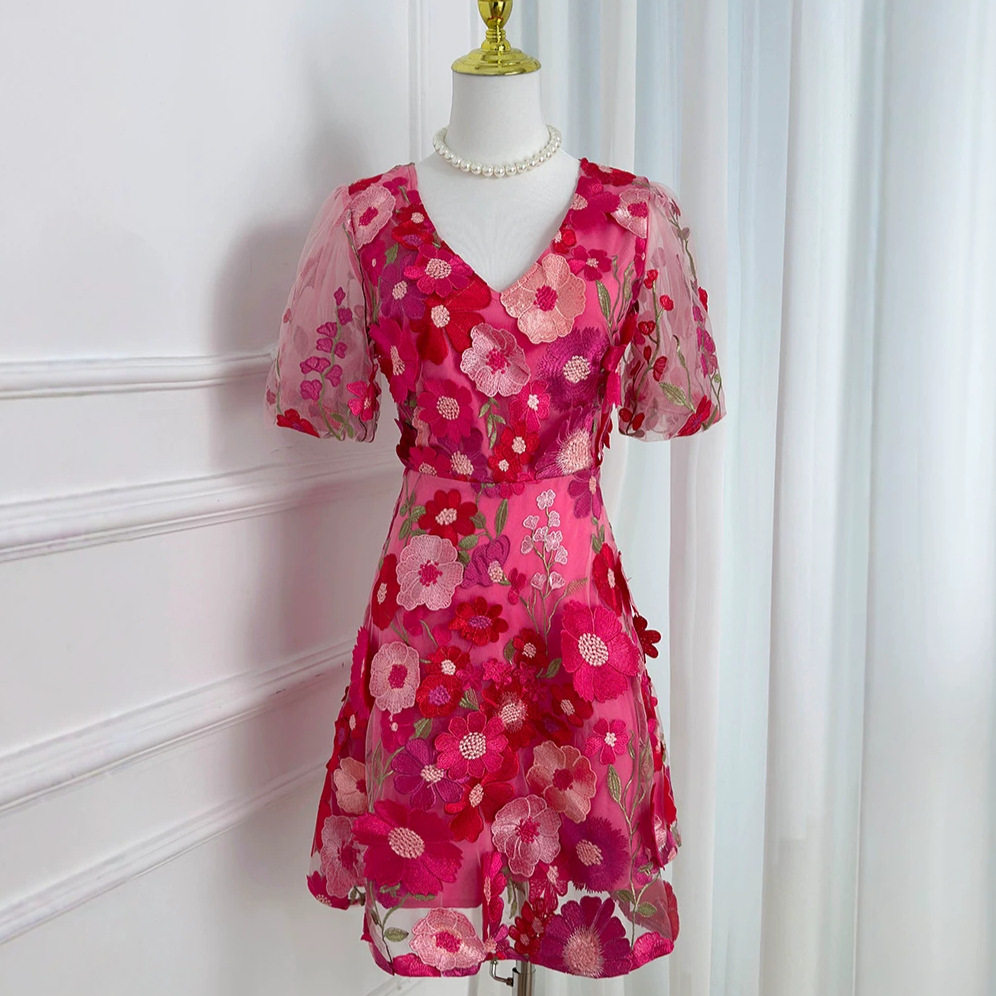 Summer V Neck Puff Sleeve Dress Handcrafted 3D Embroidery Solid Color Elegant A Line Silhouette Perfect for Parties