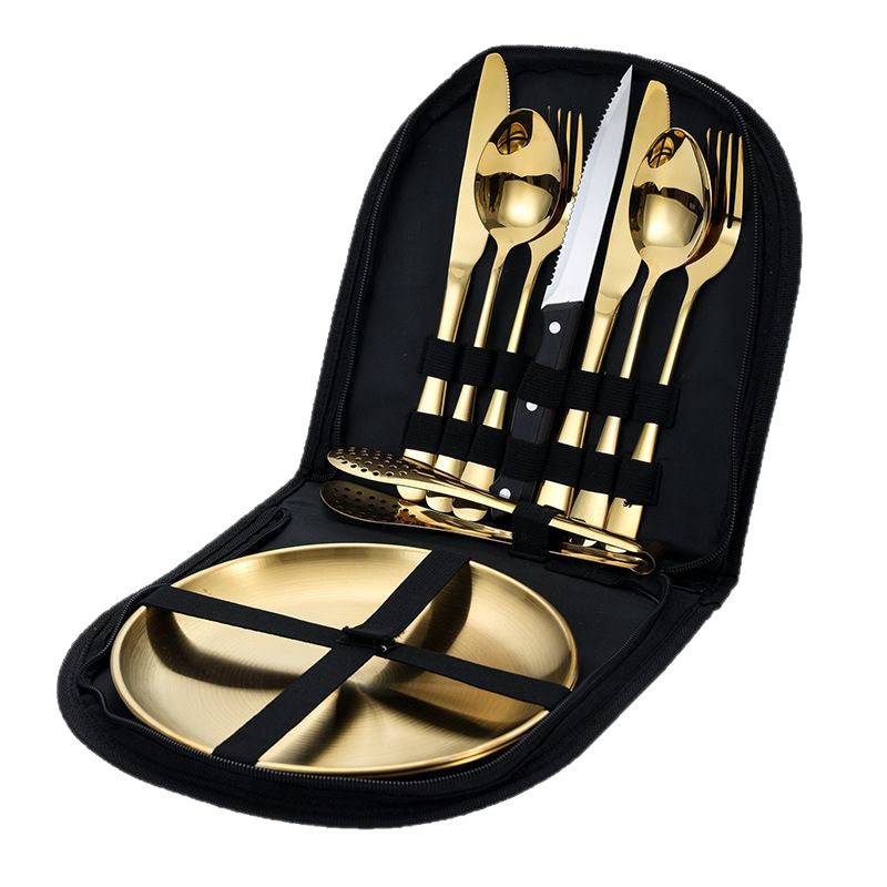 Amazon Stainless Steel Outdoor Tableware Camping Picnic Barbecue Steak Knife, Fork and Spoon Plate Portable Tableware Set