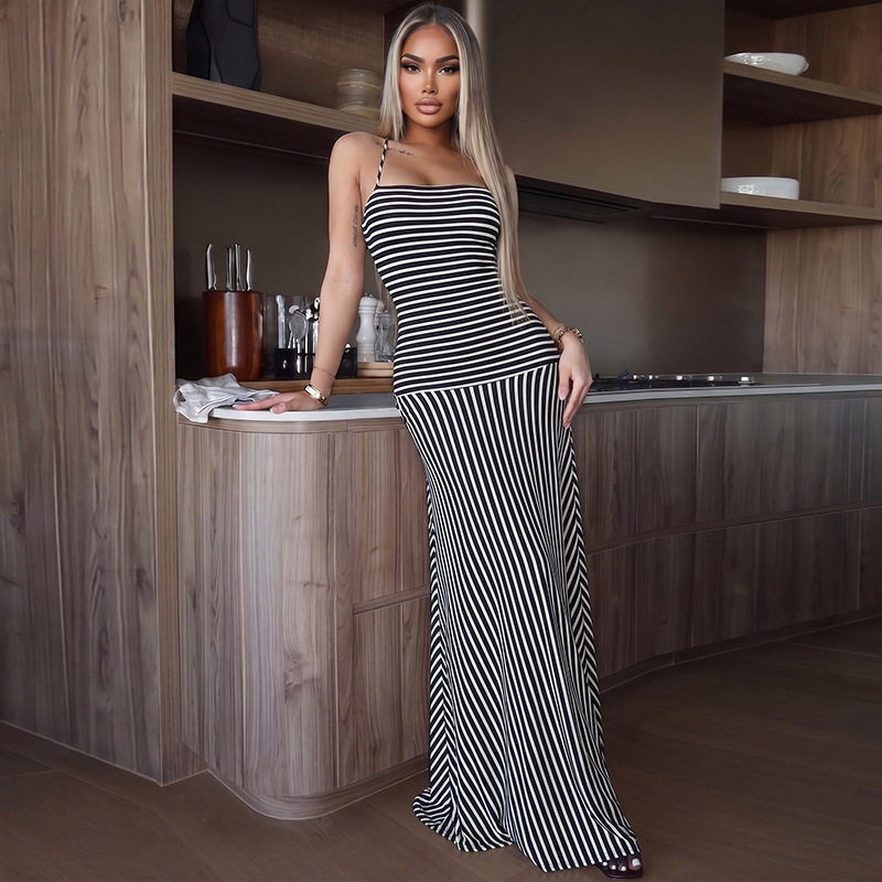 French Style Striped Maxi Dress Summer Collection Halter Neck Backless Elegant Design Wholesale Available