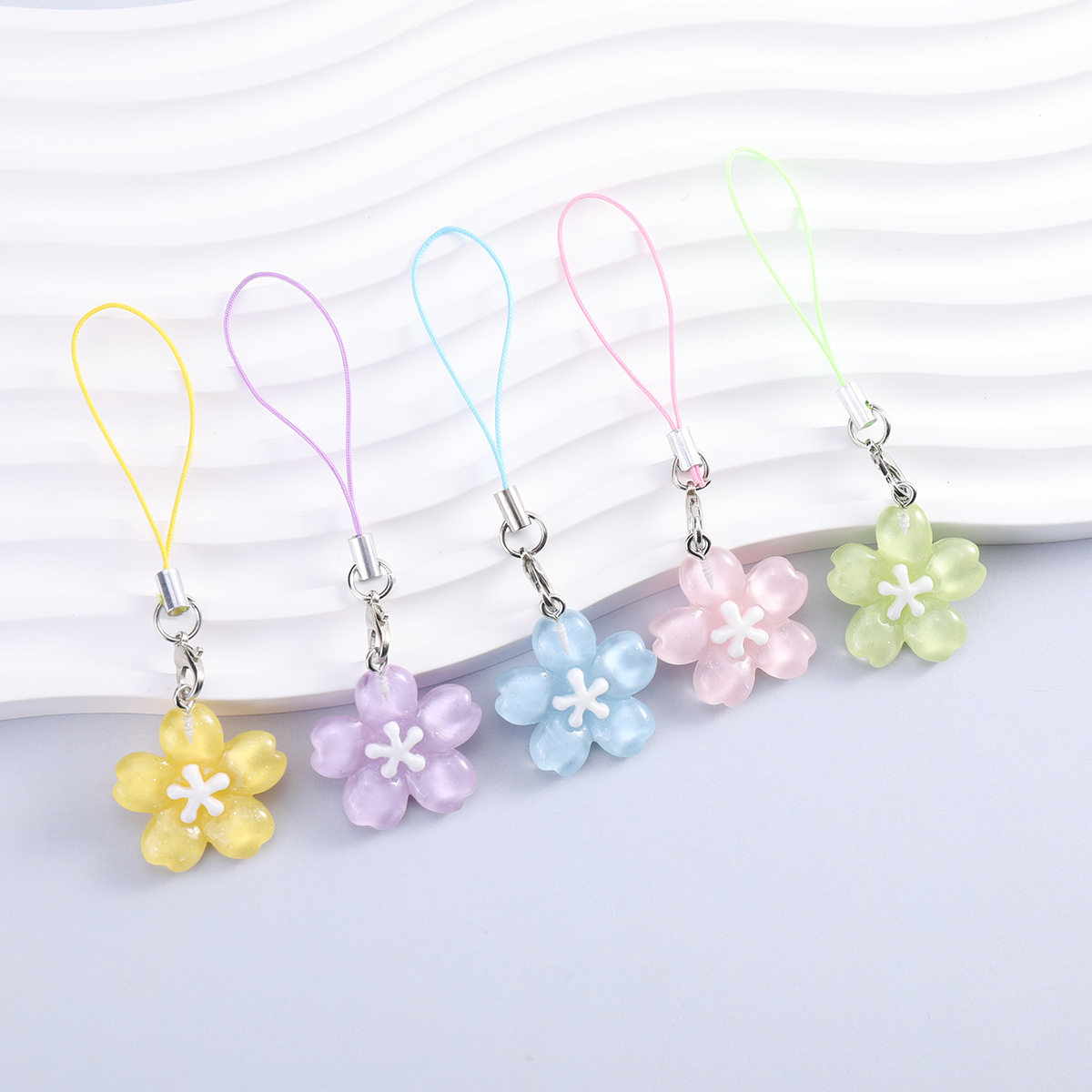 Colorful Cherry Blossom Keychain Lobster Clasp Lanyard DIY Jewelry Accessories Keychain Bag Phone Chain Pendant