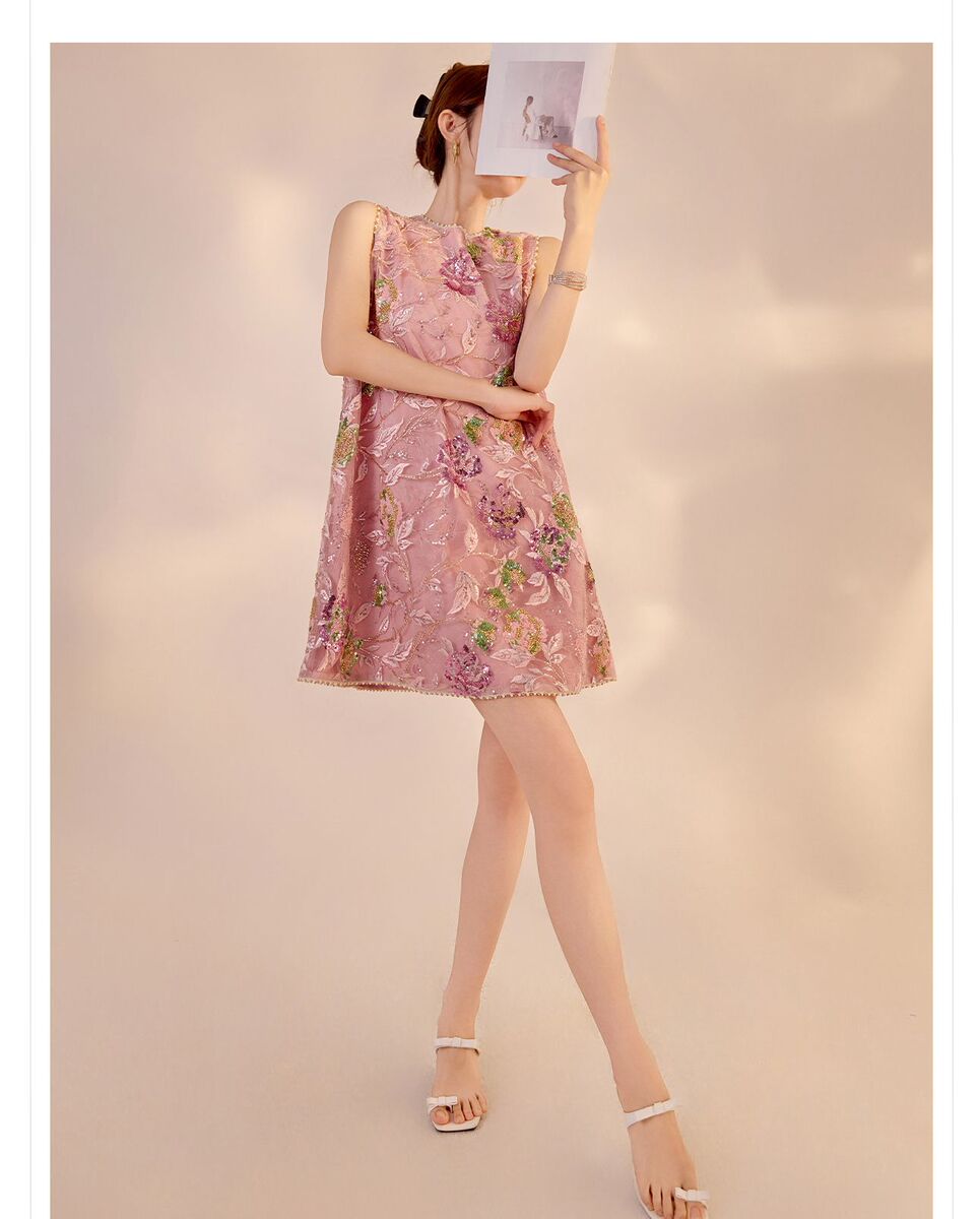 Đầm liền thêu cao cấp không tay dáng chữ A phối sequin lấp lánh — Bột Begonia (giao hàng trong 7 ngày), Bột Begonia (phát hành trong cùng ngày)