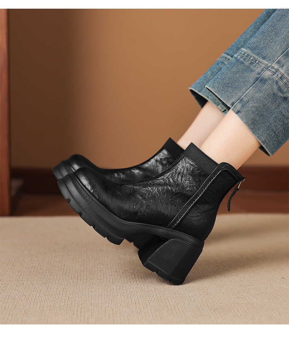 Boot Martin nữ đế dày gót thô 8cm khóa kéo sau dáng ôm chân — Lớp lót đơn màu đen, Lớp lót đơn màu nâu, Lót nhung đen, Lót nhung màu nâu