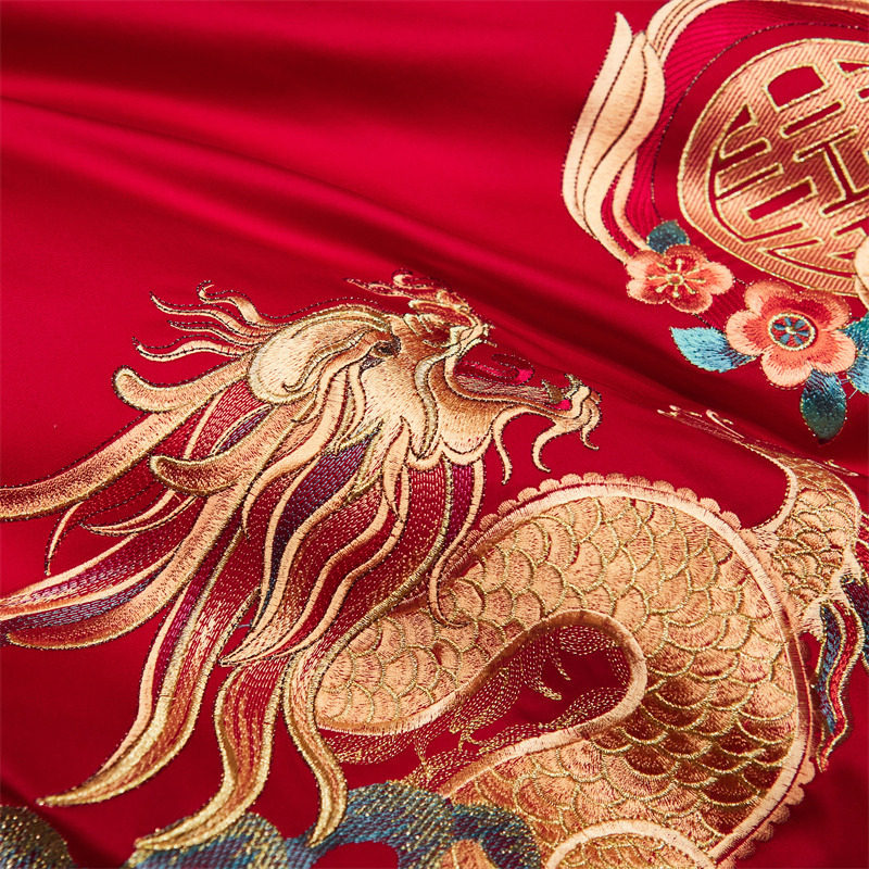 Wedding Baizi picture wedding four-piece set pure cotton big red happy quilt bedding wedding accompany dowry dragon and phoenix six-piece set