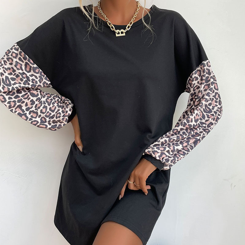 Color Block Leopard Print Hoodie Dress Flared Silhouette Long Sleeve Comfortable Fabric Casual Autumn Wear