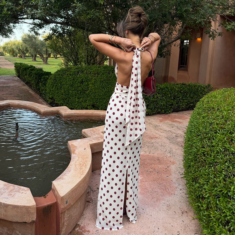 Summer Womens Dress Fashionable Polka Dot Print Sexy Halter Neck Backless Bodycon Maxi Perfect for Parties