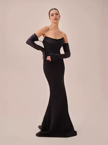In Stock | New Style One-Shoulder Long-Sleeved Dress for Women, Evening Dress, Black and White, Waist-Cinching, Slimming, Stretchy Long Dress