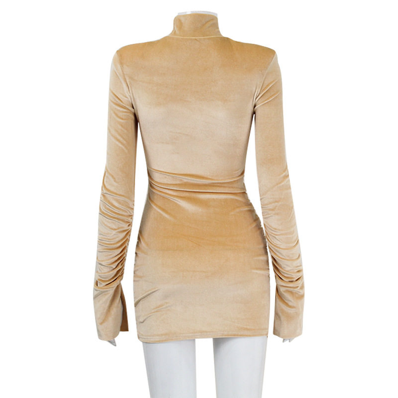 High Neck Long Sleeve Velvet Dress Shoulder Pads Pleated Design Elegant Style Autumn Winter Fashion Wholesale