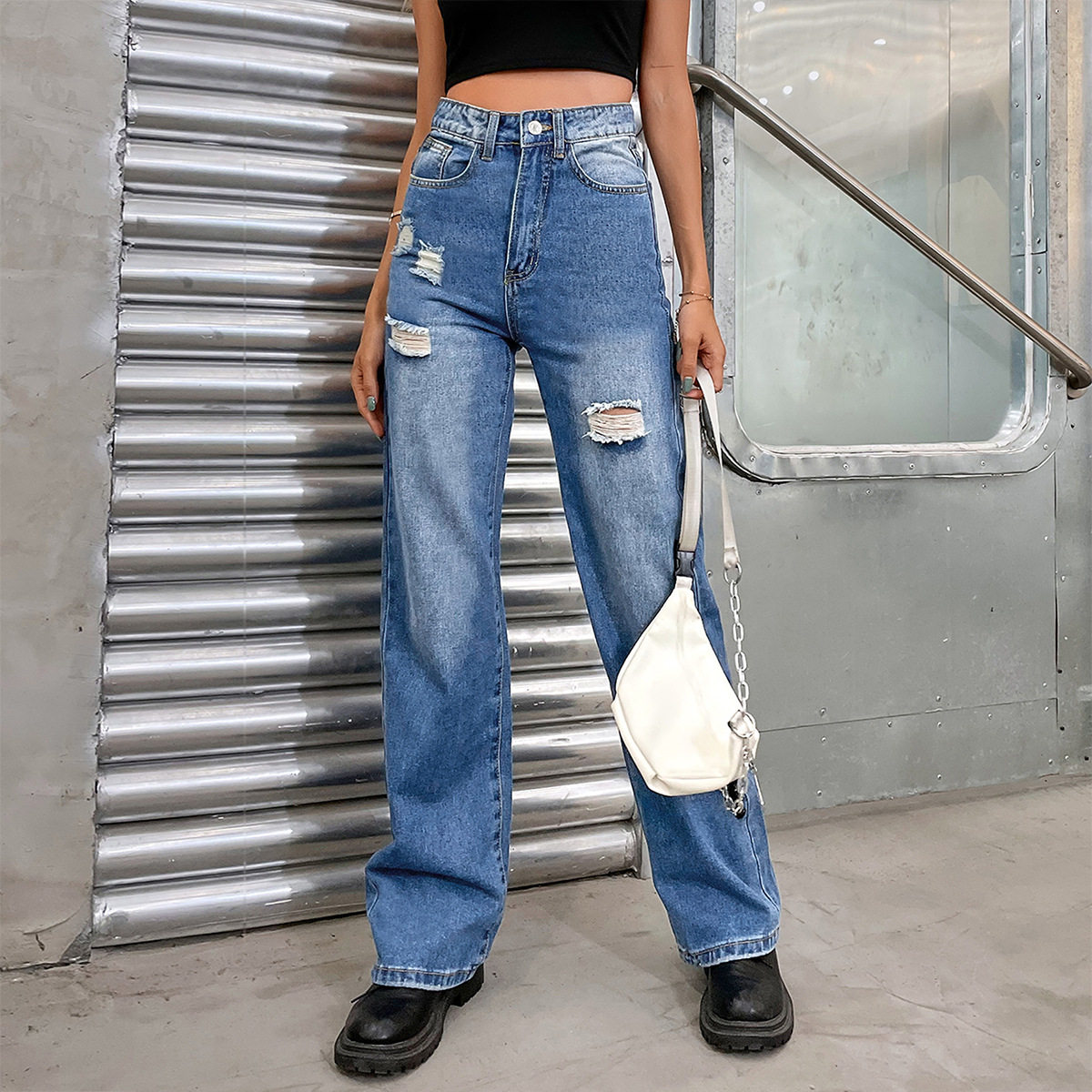 High Waisted Ripped Denim Trousers Loose Fit Floor Length Trendy Style Casual Wear for Women Wholesale Available