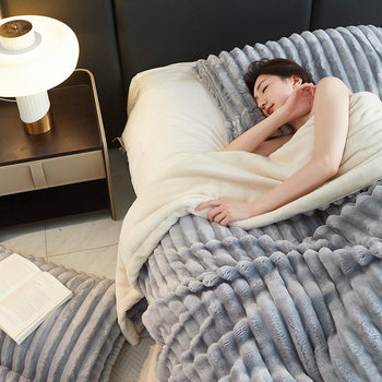 2025 Tuscany Rabbit Stuffed Blanket Striped Lamb Imitation Fur Short Velvet Casual Throw Blanket Sofa Blanket