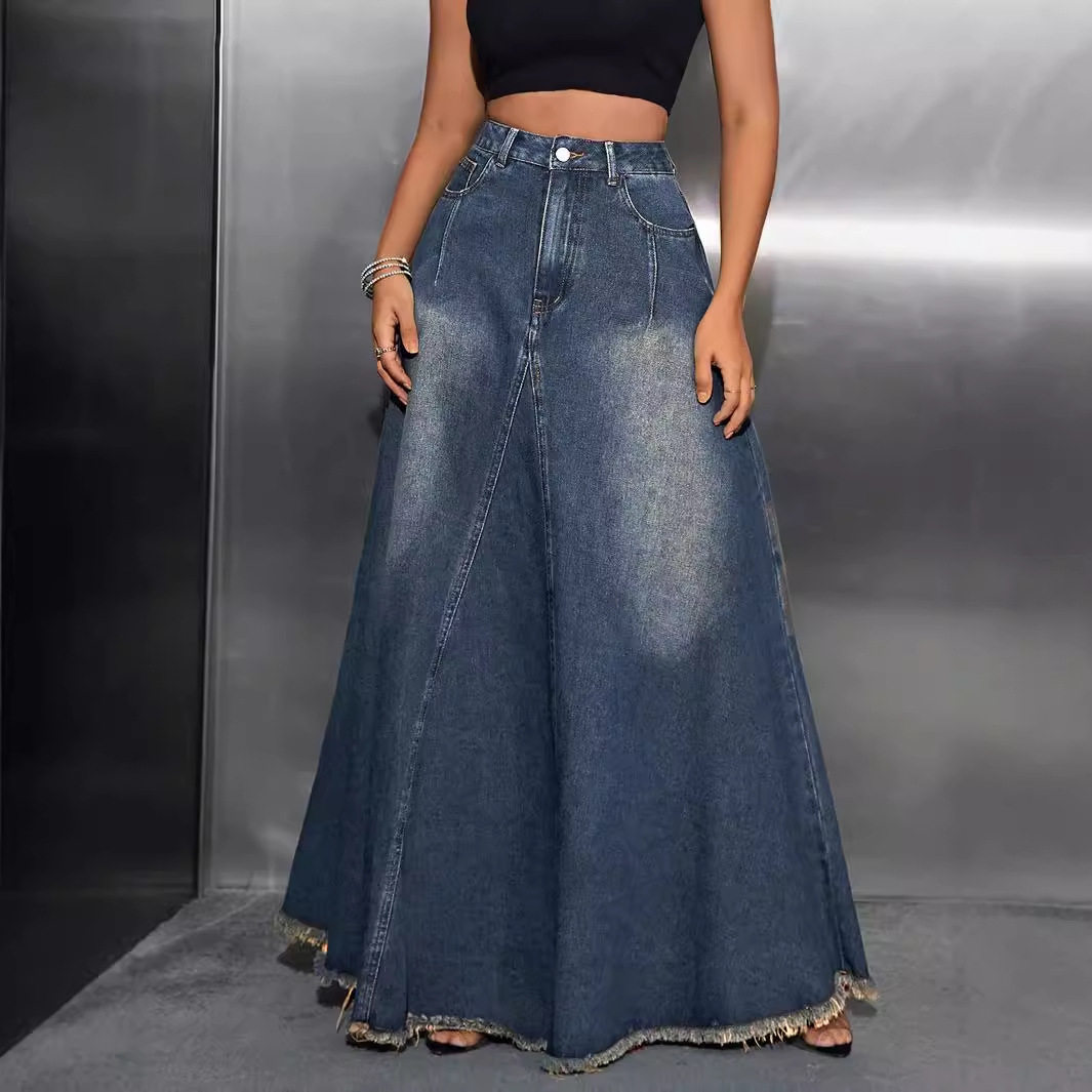 Vintage Washed Denim Maxi Skirt Versatile Comfortable Stylish Perfect for Casual Outings Wholesale Available