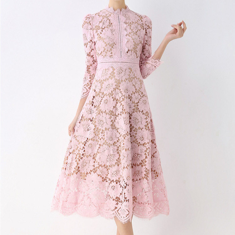 French Elegant A Line Dress Round Neck Hollow Lace Waist Defining Slim Fit Autumn Fashion for Special Occasions