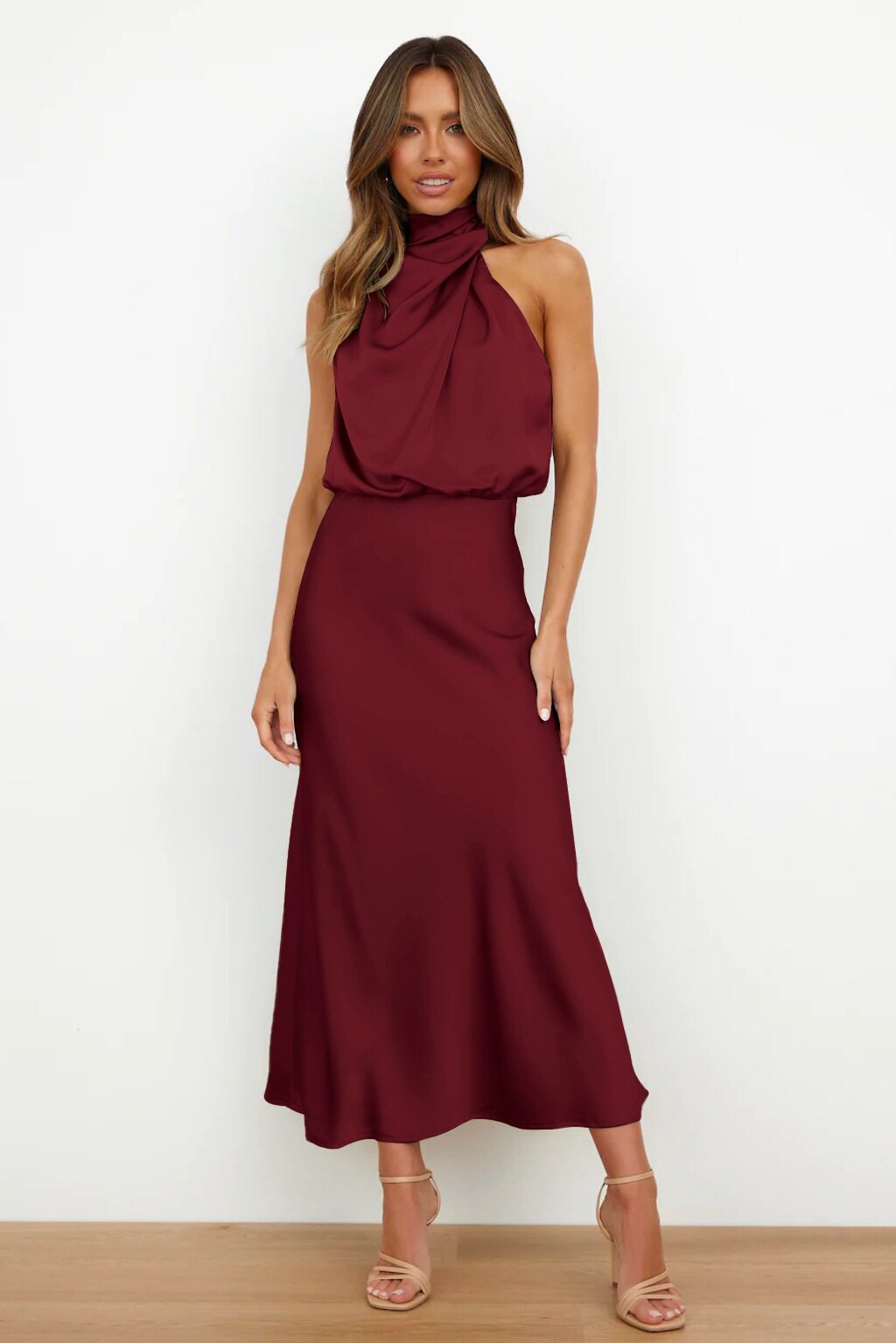 Sleeveless Satin Dress Elegant Solid Color Lightweight Fabric Spring Summer Evening Wear Wholesale Available