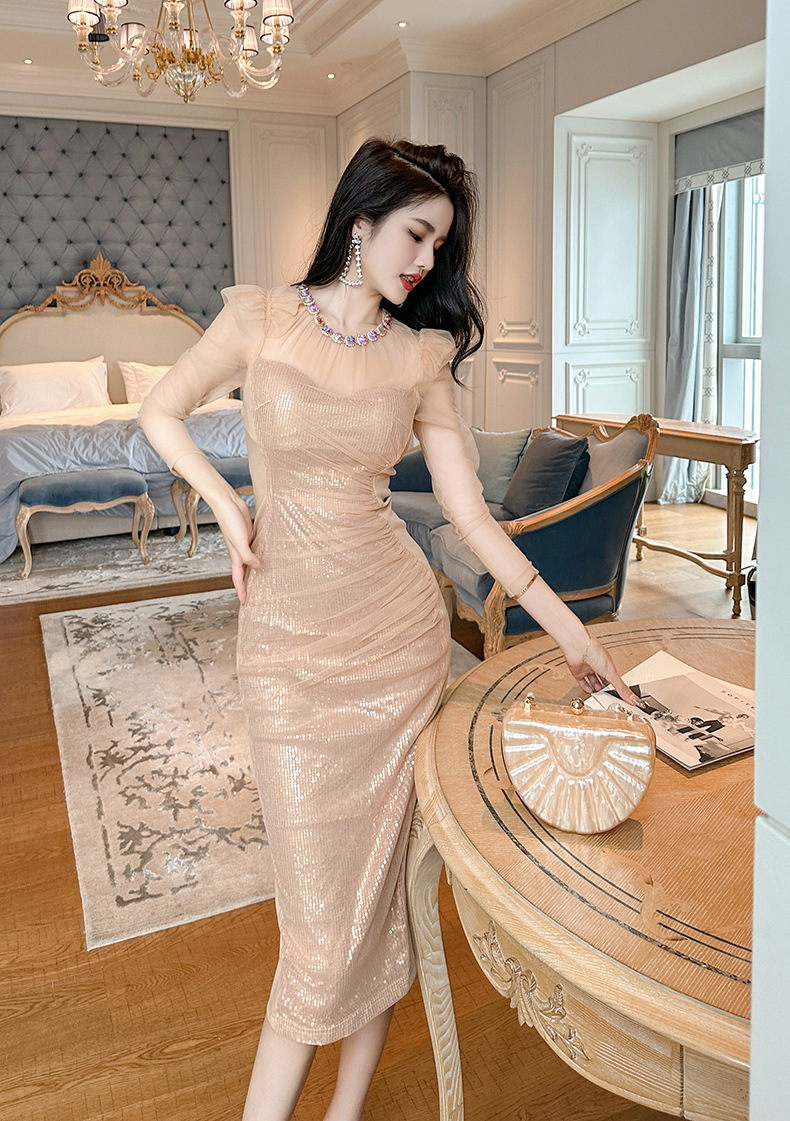 Đầm dạ hội vàng sang trọng dài tay đính đá phối lưới sequin tôn dáng — Màu vàng sương mù