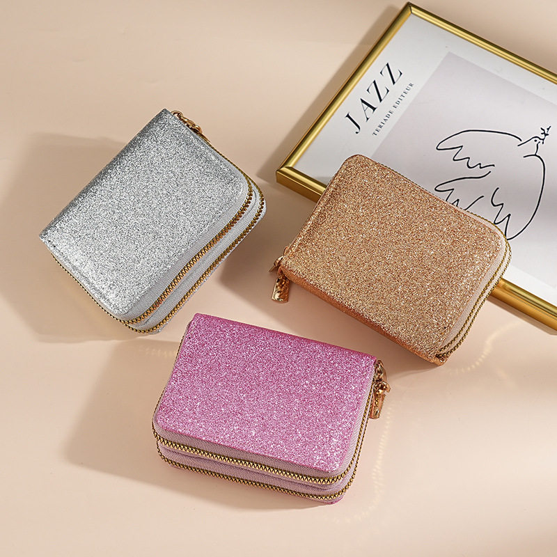 Cross-Border Women's Double Zipper Accordion Card Holder Starry Glitter Card Holder Multi-Card Slot Id Bag Fashionable Women's Bag