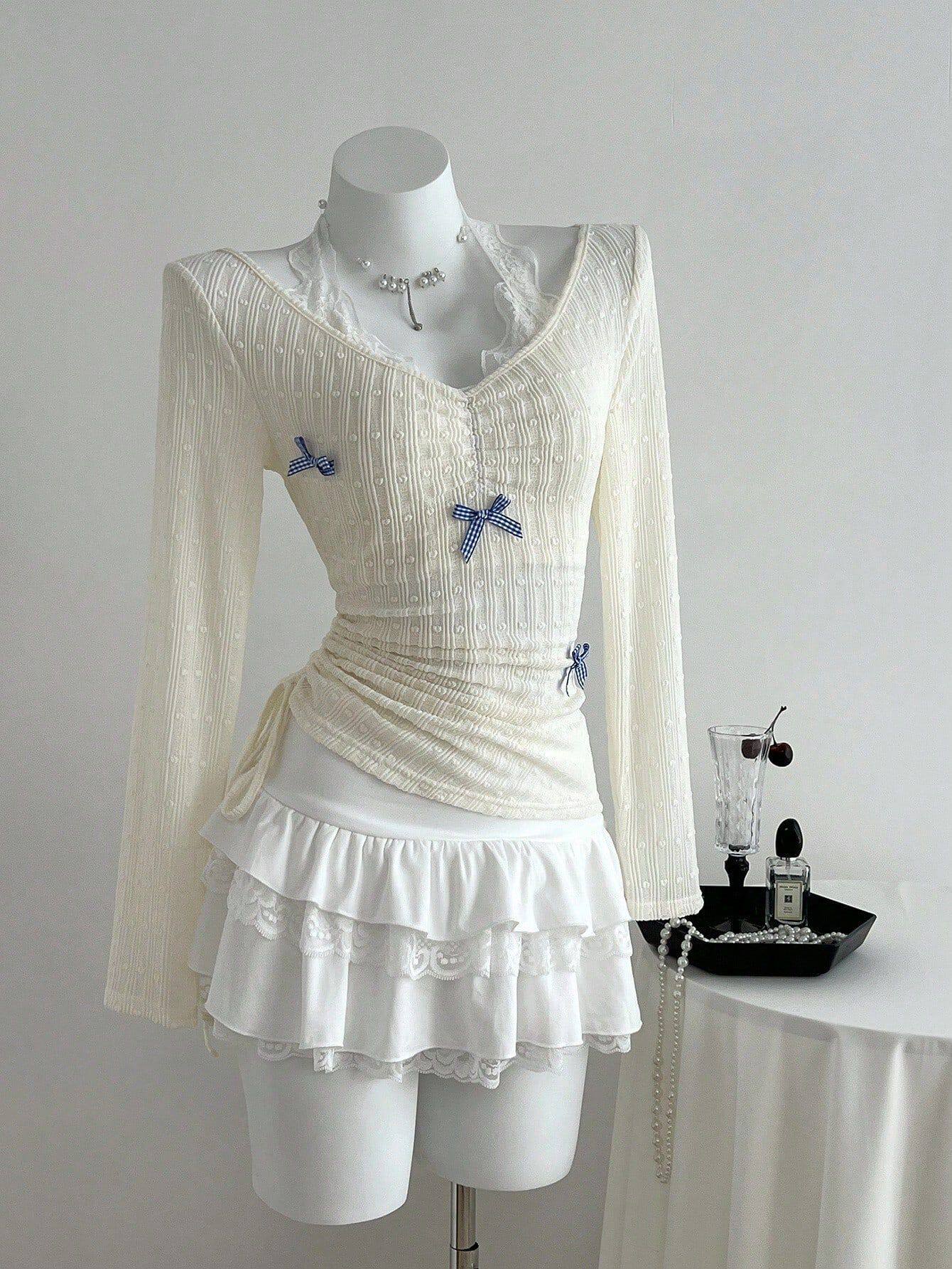 Lace Bow Tie Neck Long Sleeve T Shirt Slim Fit Elegant Design Comfortable Fabric Perfect for Casual Wear Ready to