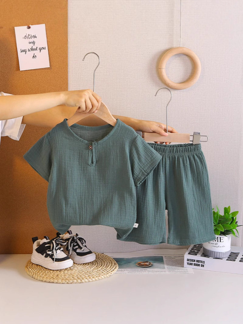 baby summer clothes solid color cotton and linen short-sleeved suit foreign style clothes trendy children fashionable two-piece set
