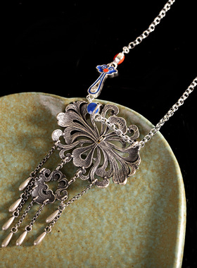 人品银品S925银镶嵌和田玉做旧复古民族风女式流苏吊坠跨境新品